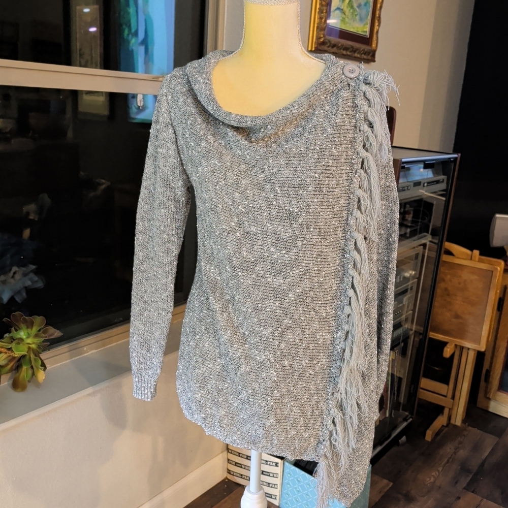 NWT Creasikery Women's Gray Sweater Size S Asymetrical With Fringe Long Sleeve